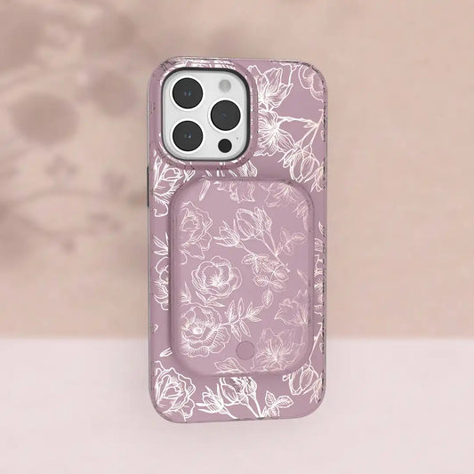 Dusty Rose Chrome Floral Portable MagSafe Charger Power Pack